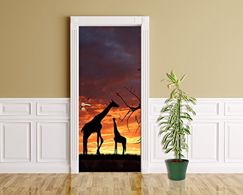 Bilderdepot24 Türtapete Giraffen im Sonnenuntergang 90 x 200 cm - einteilig Türaufkleber Türfolie Türposter - Afrika Tier Savanne Steppe
