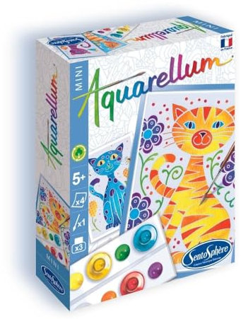 SentoSphère - AQUARELLUM MINI - CHATS 4 PLANCHES - Kit peinture - Peinture Aquarellable Magique - A partir de 5 ans - fabriqué en France, Ensemble de 8 pièces, Multicouleur