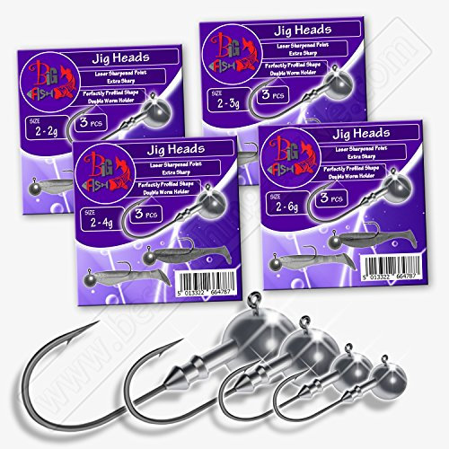 Jig Heads size 2 2g-6g SHARP Hooks Pike Drop Shot Perch Fishing Tackle Soft Lure (V02-6pcs size 2-2g [1/16oz] Big Fish Jig Heads)