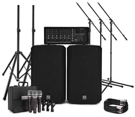 SubZero SZPA-612 250W 12 PA System with Microphones and Stands | Comprehensive 6-channel PA with mics, two 12 speakers for full coverage, delay FX and 5-band master EQ