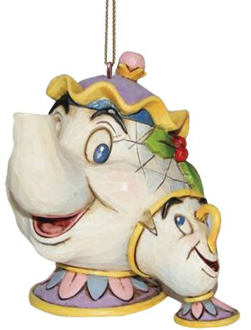 Disney Traditions, Figura de Sra. Pott y Chip para colgar de La Bella y la Bestia, Enesco, Navidad.