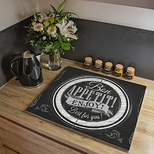 banjado® Herdabdeckplatte Glas 2-teilig 60x52 cm/Schneidebrett Herdabdeckung mit Motiv Bon Appetit/Herdabdeckplatten Ceranfeld 2teilig / Schneidebrett Glas individuell einsetzbar