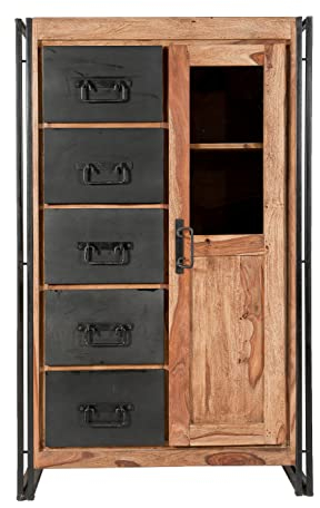 SIT-Möbel 9201-01 Brotschrank Panama Shesham Natur mit schwerem Altmetall und Gebrauchsspuren, 90 x 45 x 147 cm, 1 Tür, 5 Schubladen, 3 Böden