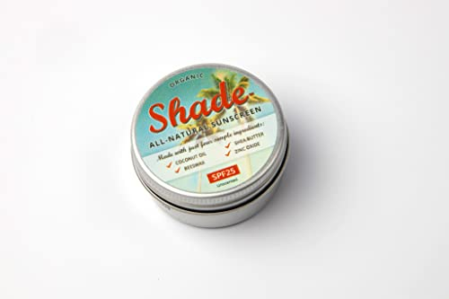 Shade Natürlichen Sonnenschutz, LSF 25, ohne Duftstoffe, nur 4 Inhaltsstoffe, in 3 Größen erhältlich: 15 ml, 100 ml und 200 ml.