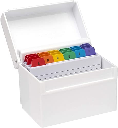 OSCOWhite Hi-Gloss Plastic Index Box | Small | A to Z Divider Tabs | 100 Lined Note Sheets Included (5 X 3) | Ruled Revision Flash Cards | Recipe Notes | Contacts Filing | Fits 127 x 76 mm Docs