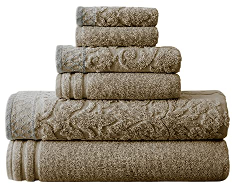 Amrapur 56JQJQBG-TPE-ST Damast-Jacquard-Handtücher mit verzierter Bordüre, 6-teiliges Set, Taupe, Baumwolle