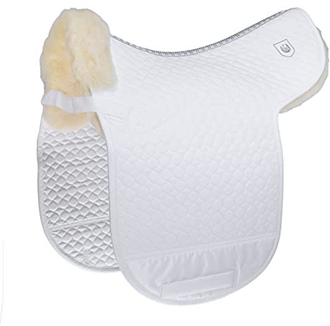 Werner Christ Lammfell Dressur Satteldecke Champ D Sattelunterlage für Dressurreiten, mit Sitzbereich aus echtem Fell, für Sommer & Winter, Dressursatteldecke in weiß, Größe Warmblut