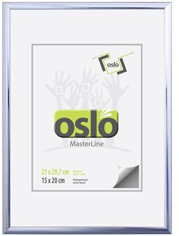 OSLO MasterLine Bilderrahmen DIN A4 silber glänzend Aluminium Echtglas | zum Hinstellen und Aufhängen, schmales Profil