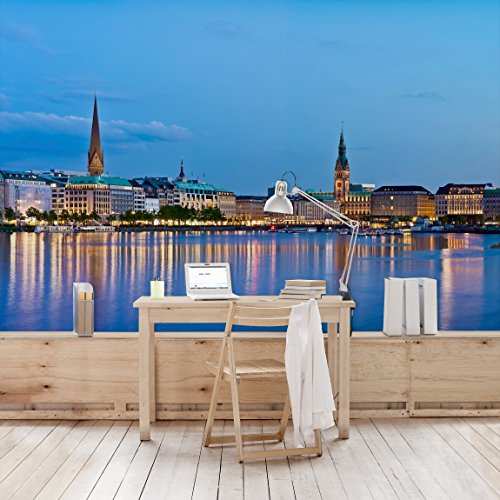 Bilderwelten Hamburg Fototapete 3D inkl. Kleister 384x255cm - Vliestapete Made in Germany - Fototapete Städte Wohnzimmer - Fototapete Skyline Stadt - Tapete Skyline Schlafzimmer Flur T_1702