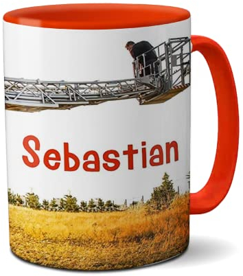 Feuerwehr-Kaffee-Tasse mit Wunschname, Namenstasse Feuerwehrauto im Einsatz GeburtstagsGeschenk Feuerwehrmann Kilala rot