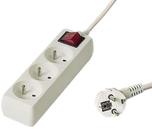 PremiumCord Regleta 230V, 3 Tomas con Interruptor, Extensión 230 V, Tomas Francesas Giradas 45°, Toma Múltiple Seguridad Infantil, Blanco, 7m