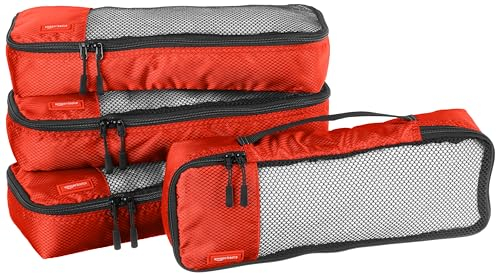 Amazon Basics Packwürfel Set für Koffer, Reise Organizer, Reißverschluss, 4 Teilig, Schmal, Rot