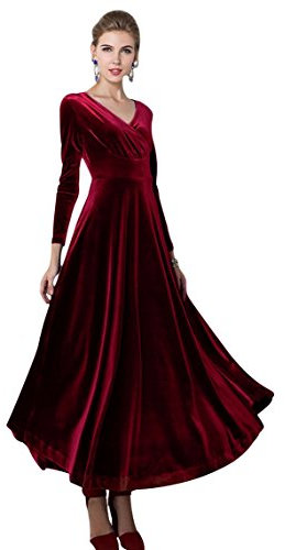 Women's Long Sleeve Evening Dress Maxi V-Neck Velvet Party Dress (M, Wine Red)