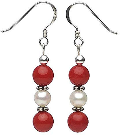 Ohrringe Ohrhänger aus Koralle & Süßwasserperlen & 925 Silber, rot-weiß, Ohrschmuck für Damen