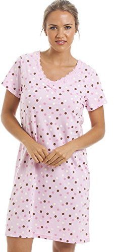 Camille Womens Smooth Soft Cotton Summer Nightshirts 14-16 Pink & Brown Polka Dot