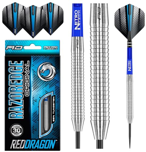RED DRAGON Darts - Razor Edge Original Series 30g - 85% Wolfram – Professionelles Metallspitze Dart-Set mit Dart-Flüge und -Schäften
