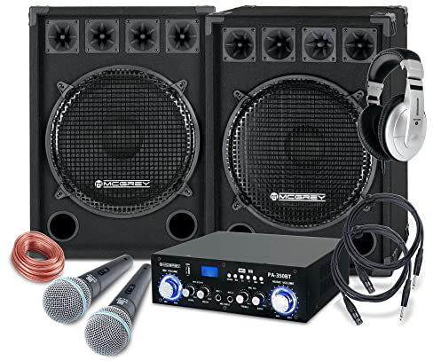 McGrey DJ Karaoke Komplettset PA Anlage Party-2500 (Lautsprecher, 2 x 800 Watt, Bluetooth-Endstufe, Verstärker, Lautsprecherkabel, Kopfhörer, Mikrofon, Klemme, Reduziergewinde, Etui, Mikrofonkabel)