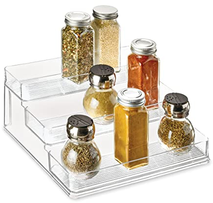 iDesign Organizador de cocina para especias, organizador de armarios grande de plástico con 3 niveles, práctico soporte especiero para especias y latas, transparente