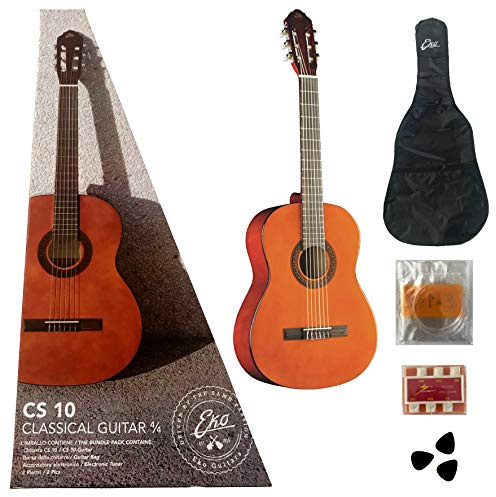 Eko CS-10 Classic Guitar 4/4 Bundle Pack - Chitarra Classica Natural + Borsa Leggera di Trasporto Chitarra + Accordatore Elettronico + Tre Plettri Nero