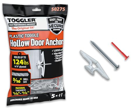 TOGGLER Toggle TA Hollow-Door Anchor with Screws, Polypropylene, Made in US, 1/8 to 1/4 Grip Range, For #8 to #12 Fastener Sizes (Pack of 5) by TOGGLER