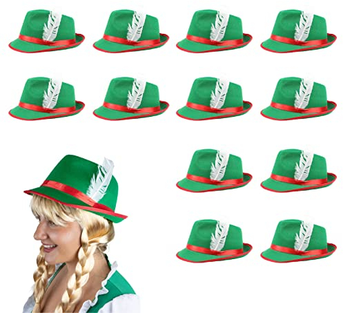 12 X SEPPELHUT BRAUN ELF TIROLER FILZ, GELB, MIT WEISSER FEDER OKTOBERFEST BIERFEST-MÜTZE AUS FILZ