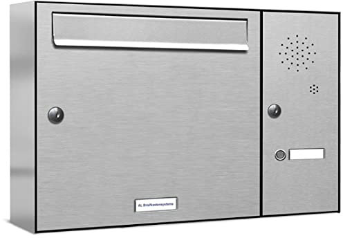 AL Briefkastensysteme 1er Briefkasten mit Klingel V2A Edelstahl, Premium Briefkasten DIN A4, 1-Fach Postkasten modern Aufputz