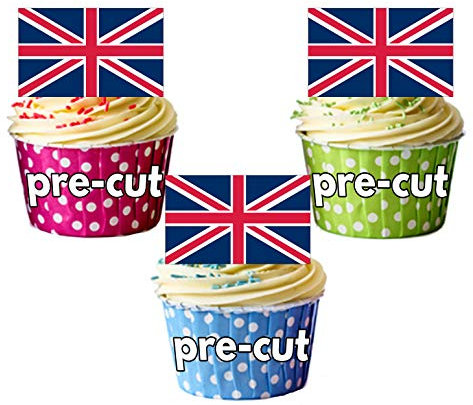 AK Giftshop PRECUT Union Jack Great Britain British Flag Cake Decorations - 12 Edible Cup Cake Toppers