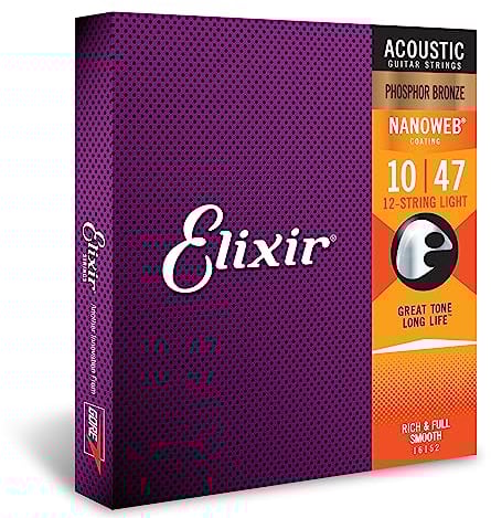Elixir Cuerdas de guitarra acústica de 12 cuerdas Strings de bronce fosforado con recubrimiento NANOWEB, calibre ligero (.010-.047)
