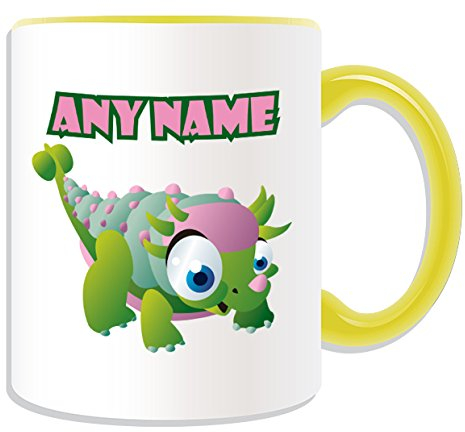 Taza personalizable con diseño de Euoplocephalus (Dinosaurio, opciones de color) – cualquier nombre/mensaje en su taza única, cerámica, Amarillo
