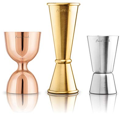 Final Touch Set von 3 Mischmetalldoppel Jigger Set Cocktail Maßnahme mit Kupfer, Messing und Edelstahl-Finish