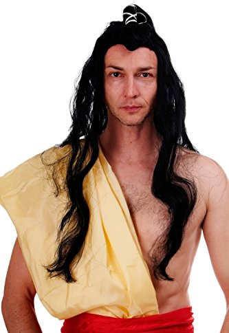 Wig ME UP - Perücke Karneval Fasching China Japan Kungfu Swordsman Samurai Ronin Wang Yu Langhaarig Zopf Schwarz - 140-PP103