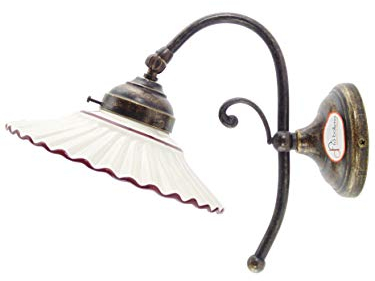 Applique ottone brunito,lampada parete con piatto ceramica bordo marrone ar1.Misure:H 21,5cm,Ø piatto 19cm,sporgenza 29cm,Ø base 9,5cm.Le misure sono con piatto.Portalampade attacco Edison E14