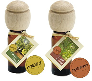 2 Duftöle, Raumdüfte von Traumduft Frischer Wald und Naturreine Zirbelkiefer, zwei Raumdüfte zum Durchatmen und Entspannen. Kappe aus Buchenholz mit Tropfschutzkante ist der praktische Duftträger.
