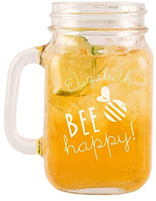 Personalised Engraved Bee Happy Glass Mason Jar, Birthday Gifts for Her, Garden Party BBQ Accessories