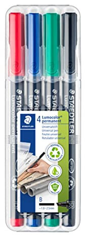 STAEDTLER permanent Marker Lumocolor, Keilspitze ca. 1,0 - 2,5 mm, wisch- und wasserfest, Made in Germany, nachfüllbar, lange Lebensdauer, 4 Universalstifte in sortierten Farben, 314 WP4