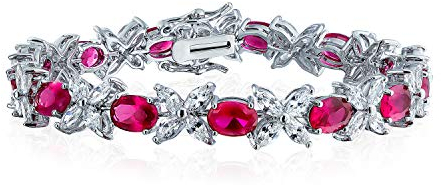 Bling Jewelry Bracciale Vintage Stile Cocktail Gioielli Moda Zirconi Cubici Marquise Stella AAA CZ Ovale Statement per Donna Simulato Rubino Rosso Scuro Rosa Argento Placcato 7,5 Pollici