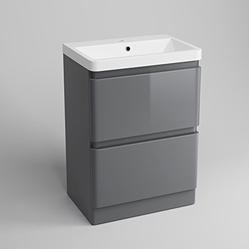 600 mm Grey Vanity Sink Unit Ceramic Basin Bathroom Drawer Storage Furniture (Flat Pack)