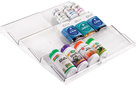mDesign Regal für Medizin und Vitamine – auf 36,8 cm ausziehbarer Schubladeneinsatz mit 3 Ebenen – auch zur Kosmetikaufbewahrung im Badezimmer geeignet – durchsichtig