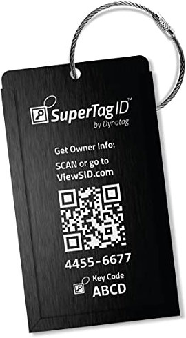 Dynotag® Gepäckanhänger, internet- / GPS-fähiger, mit QR-Code, Aluminium Stahlschlaufe (schwarz)