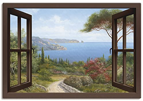 ARTLAND Wanddeko Leinwand Bilder Wandbild 130 x 90 cm Landschaften Fensterblick Haus am Meer I T4EE