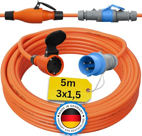 CEE auf Schuko Adapter 5m Camping Stromkabel H07BQ-F 3x1,5 Landstromkabel Wohnmobil Wohnwagen Kabel Camping Adapter 5 Meter Strom Verlängerungskabel CEE-Stecker Campingstecker