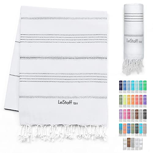 LeStoff Hamamtuch - 100% Bio-Baumwolle, 95 x 180 cm, Vorgewaschen, Saugstark, Schnelltrocknend, Leicht, Schick, Glitzer, Badehandtuch Damen, Strandtuch Damen, Badetuch groß (Weiss - Silber)