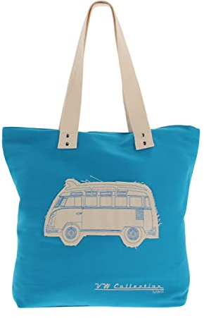 BRISA VW Collection - Volkswagen Wiederverwendbare Canvas-Einkaufs-Tüte-Strand-Tasche mit T1 Bulli Bus Motive (Silhouette/Blau)