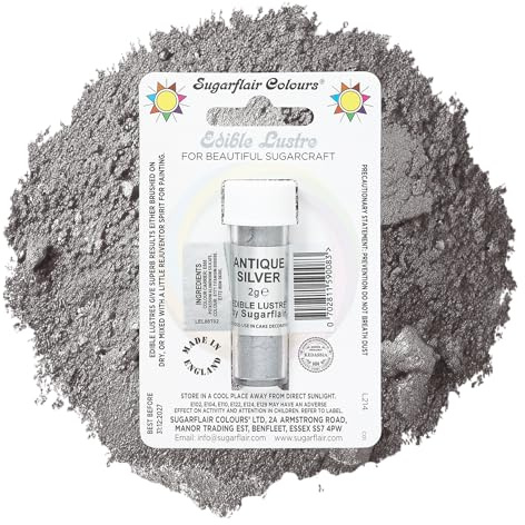 Sugarflair Antique Silver Edible Lustre Dust, Add a Lustrous Shine to Cakes or Decorations. Brush On or Add Rejuvenator to Create Eye-Catching Edible Paint, Gives Shine to Your Bakes - 2g