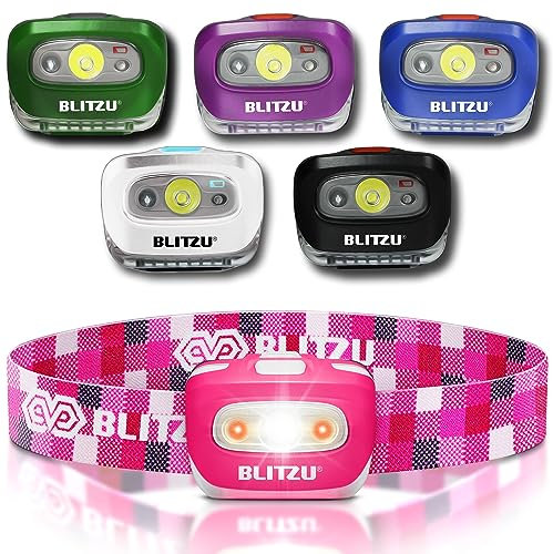 BLITZU, Lampe frontale mains libres, longue portée, poignée antidérapante, haute puissance, résistante aux chocs, modes d'éclairage réglables, alimentation par piles, rose