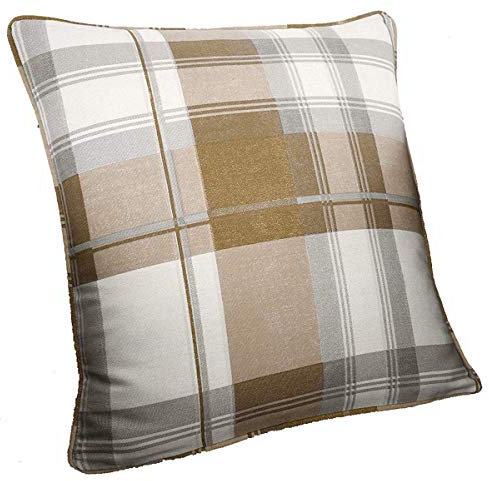 Fusion Balmoral Check Tartan Naturel (43 x 43 cm) -100% Coton-Garnissage Inclus Carreaux Beige Taupe en Plaid-Coussins Crème Housses Incluses, Cushion (Filled): 43 x 43cm
