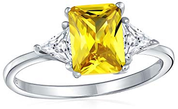 Braut Vergangenheit Gegenwart Zukunft 3 Stein 3CT CZ Kanarienvogel Gelb AAA Zirkonia Rechteck Solitär Smaragd Schliff Verlobungsring Billionen Schnitt Seite Akzent .925 Sterling Silber