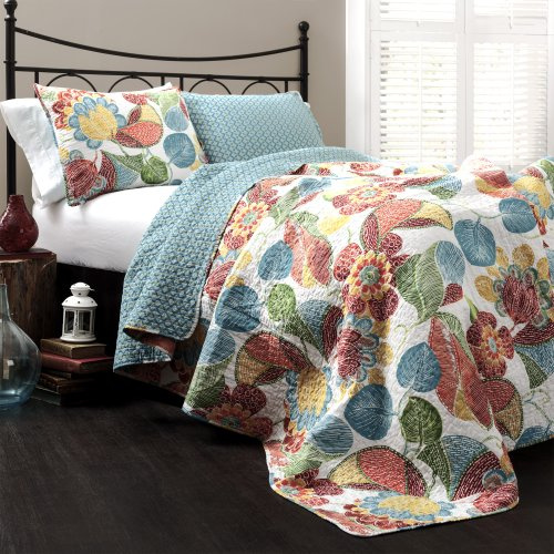 Lush Decor Layla Quilt Floral Leaf Print 3-teiliges Wende-Bettwäsche-Set, Kingsize, Orange/Blau