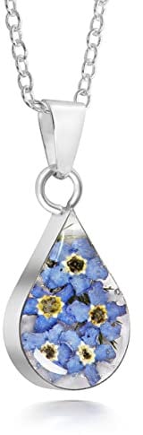 Natural Flower Jewellery Sterling Silver Small Tear Drop Pendant Made with Real Forget Me Nots …