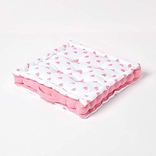 HOMESCAPES - Hearts - 100% Cotton - Large Floor Cushion - Pink White - 50 x 50 x 10 cm Square - Indoor - Garden - Dining Chair Booster - Seat Pad Cushion.
